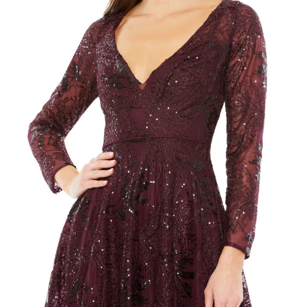 Rich, red/chocolate Mac Duggal gown. Perfect for that elegant fall wedding/gala.